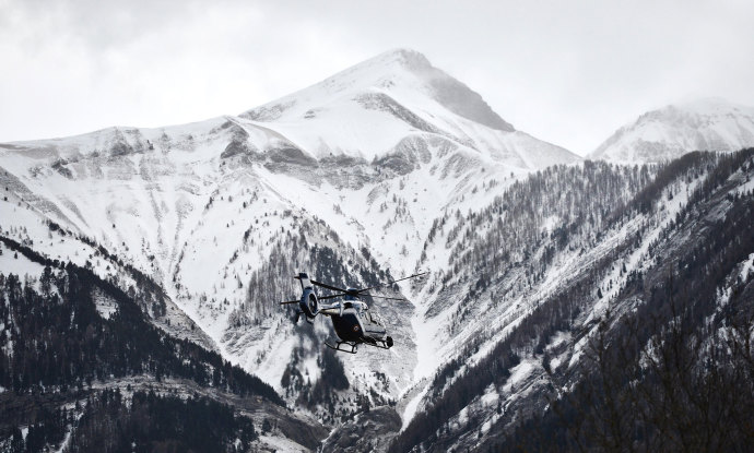 A French helicopter departs for the site where Germanwings Flight 9525 crashed. CREDIT PHOTOGRAPH BY MUSTAFA YALCIN/ANADOLU AGENCY/GETTY