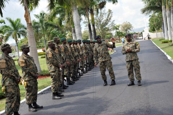  the Jamaica Defence Force soldiers on a rehearsal exercises at The National Heroes park in Kingston yesterday where president Barack Obama, will visit.gleaner photo