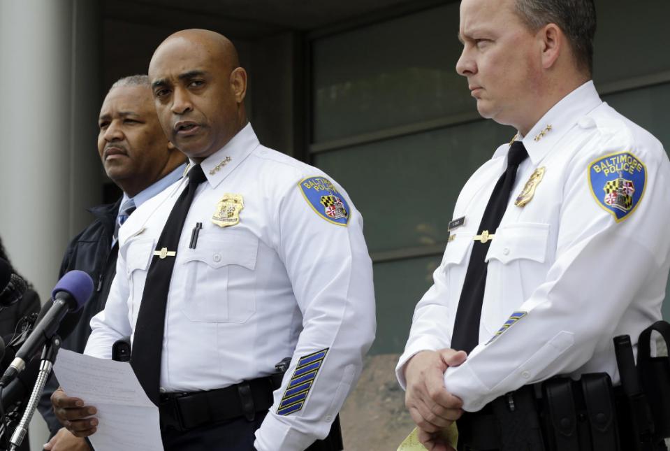 Baltimore Police Department Commissioner Anthony Batts announces that the department's investigation into the death of Freddie Gray was turned over to the State's Attorney's office a day early at a news conference, Thursday, April 30, 2015, in Baltimore. Pictured at right is Deputy Commissioner Kevin Davis. Batts did not give details of the report or take questions. He said the department dedicated more than 30 detectives to working on the case and report.  ( (AP Photo/Patrick Semansky)