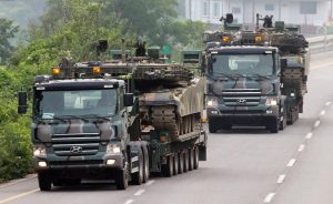 South Korean army armored vehicles are mobilized in Pocheon, south of the demilitarized zone that divides the two Koreas, South Korea on Aug. 21, 2015.