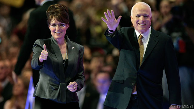 ST. PAUL, MN - SEPTEMBER 04: Republican U.S presidential nominee U.S. Sen. John McCain (R-AZ) (R) stands with Republican U.S vice-presidential nominee Alaska Gov. Sarah Palin on day four of the Republican National Convention (RNC) at the Xcel Energy Center on September 4, 2008 in St. Paul, Minnesota. U.S. Sen. John McCain (R-AZ) will accept the GOP nomination for U.S. President Thursday night. (Photo by Win McNamee/Getty Images)