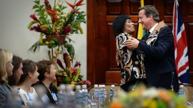 Jamaican PM Portia Simpson Miller gave Mr Cameron a warm welcome - but has raised the controversial issue of reparation