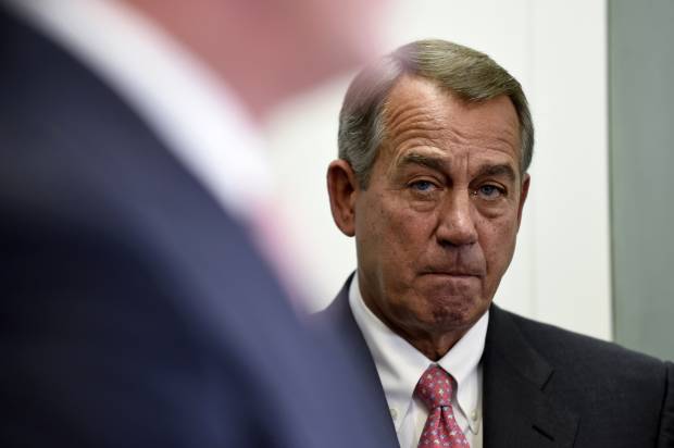 House Speaker John Boehner of Ohio listens during a news conference on Capitol Hill in Washington, Wednesday, May 13, 2015. The House debates and votes for final passage on NSA Surveillance legislation, known as the USA Freedom Act. The measure seeks to codify President Barack Obama's proposal to end the NSA's collection of domestic calling records. It would allow the agency to request certain records held by the telephone companies under a court order in terrorism investigations. (AP Photo/Susan Walsh) (Credit: AP)