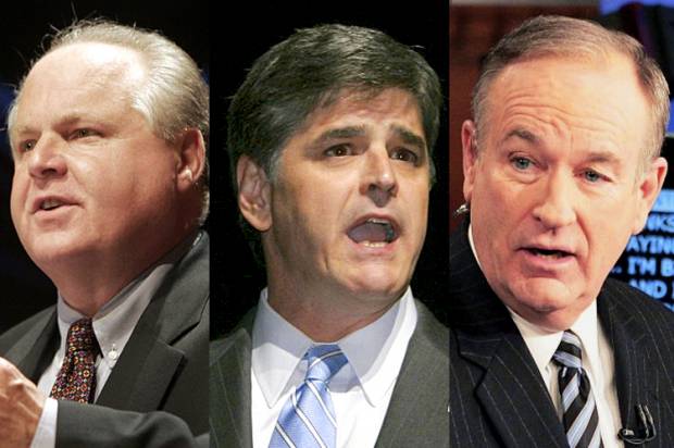 Rush Limbaugh, Sean Hannity, Bill O'Reilly (Credit: Reuters/Micah Walter/AP/Douglas C. Pizac)