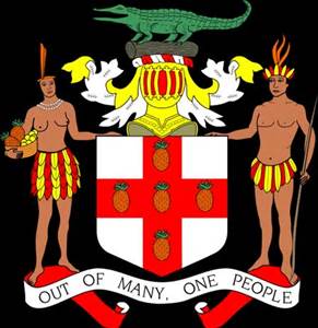 Jamaica's coat of arms. Out of many one people.