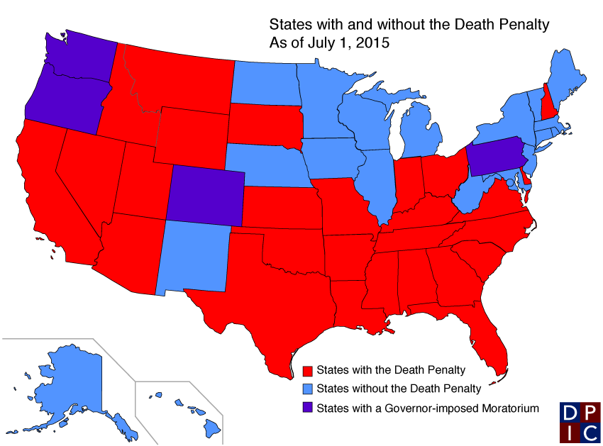 States With and Without the Death Penalty (Death penalt red) (Non death penalty blue)